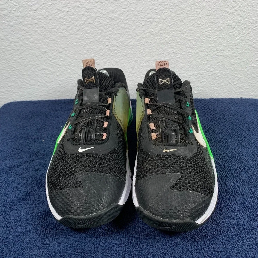 Nike Metcon 7 Womens 7.5 Black Green Strike Lace Lock Training Crossfit Shoes